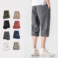Casual 3 Quarter Pants Men Handsome Three Quarter Pants Plain Shorts with Elastic Waistline