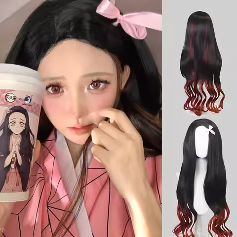 Demon Slayer Kimetsu No Yaiba's Nezuko Kamado Cosplay Wig Long Curly Hair Wig High Temperature Fiber