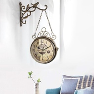 Double Sided Wall Clocks  Battery Powered Metal Vintage Style Clock Antique Circle Station Wall 2- Side Hanging Clock Wall Home