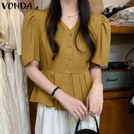 เสื้อมีกระดุมติดแขนพองสำหรับวันหยุดของผู้หญิง VONDA เสื้อจับจีบเก็บเอว (ลำลองเกาหลี)