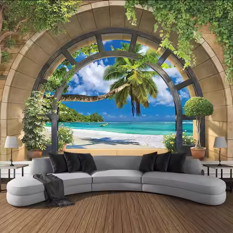 VIKAMA Panoramic Arched Seascape Tapestry High-Definition Coconut Grove Ocean View Living Room Sofa 