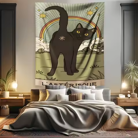 Black cat tapestry with rainbow and stars, polyester woven wall hanging, animal print home decor, dr