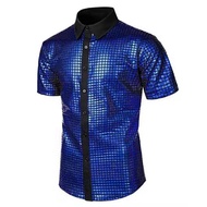 TENGL Men Performance Shirt Anti-wrinkle Men Shirt Men's 70s Disco Costume Shirt Shiny Sequins Short Sleeve Button Down Perfect for Clubbing and Parties