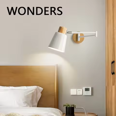 Nordic Modern Indoor Sconce Light E27 Wood And Iron Material Rotatable Wall Lamps Bedroom Decor Beds