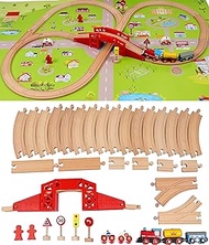 TOWO Wooden Train Set with Town Map-Shinington Railway Track Construction Building Toys for 3 years old Kids Boys Girls-Vehicles Transport Wooden Toys Gift for Toddlers 3 4 5 Years Old