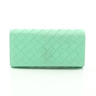【二手】Bottega BOTTEGA VENETA雙折長皮夾，編織皮革，翻蓋長皮夾，藍綠色編織皮革，編織雙折長皮夾