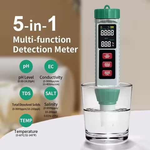 PH Meter 5 In 1 PH/EC/TDS/SALT/TENP Tester Water Quality Analyzer for Swimming Pool 0-9999 PH Detect