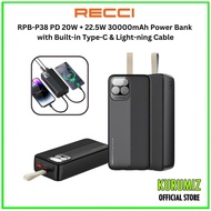 Recci RPB-P38 PD 20W + 22.5W 30000mAh Power Bank with Built-in Type-C &amp; Light-ning Cable