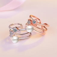 Double-layer geometric pearl ring, Korean and Japanese fashion ring for women, trendy index finger a