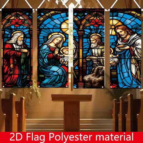 4pc,2Dflat， Holy Church Couplet Flag Combination, Three Holy Kings Jesus Trough Christmas Theme, Chr