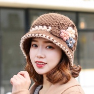 Windproof Knitted Bucket Hat Plush Warm Floral Crochet Hat Fashionable Foldable Yarn Cloche Hat Autu