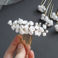Wedding flower hair comb Pearls Babys breath bridal hair piece Floral head piece