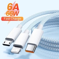 6A สายชาร์จเร็วพิเศษ3 in 1 USB Type C 66W สำหรับ Huawei Xiaomi Samsung OPPO สายดาต้าไลท์นิ่งสำหรับ iPhone 1.2/2/3M