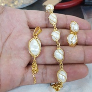 Set Mutiara Putih Ikat Lapis Emas Kuning 24k Gelang Cincin Liontin