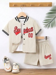 SHEIN 男童字母圖形條紋飾邊棒球領襯衫和短褲,不包括t恤