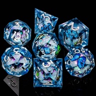 DND Dice Colorful Blue Liquid Core Dice Set with Metal Box, Handmade Sharp Edge D and D Polyhedral D