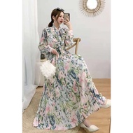 RARA- Maxi dress motif bunga panjang wanita plisket pita leher gamis muslim