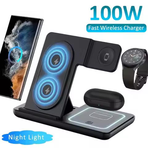 3 in 1 100W LED Foldable Wireless Charger Stand For Samsung S24 S23 Galaxy Watch 2-8 Active 1 2 Buds