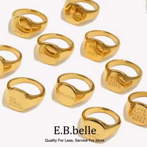 E.B.belle Engrave Jewelry Gift Minimalist Letter Word Suqare Stainless Steel Ring Water Resistant Go