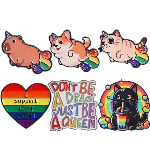 LGBTQ Pride Enamel Pins Rainbow Animal Quote Brooches Drag Queen Badges Rainbow Capybara Corgi Cat J