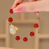 Hetian Jade Cute Rabbit Pendant Bracelet Anti-fade Red Agate Charm Bracelet for Girls Bestie Lucky Bracelet Original Bangle Jewelry Girlfriend Birthday Gift