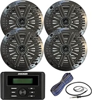Kicker Weather-Resistant Marine Bluetooth USB RCA Stereo Receiver Bundle Combo with (Qty 4) 6.5" 2-Way 195W Max Coaxial Marine Speaker w/Charcoal Salt Water Grilles, 50-Ft 16-Gauge Wire, Antenna