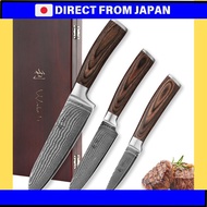 Wakoli EDIB Damascus Knife Set (3-piece set): Santoku knife, small santoku knife, and paring knife. 