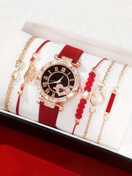 6入組優雅鑲鑽水晶女士手錶，皮革手鍊、手帶，是她的情人節理想禮物