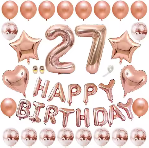 Rose Gold Happy Birthday Banner Balloon Kit 27th Birthday Balloon Number 27 Aluminum Foil Balloon Co