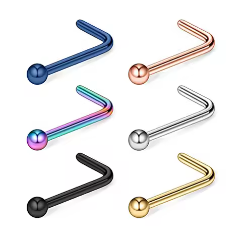 WKOUD 5PCS/1PCS Surgical Steel Curved Nose Stud Ring L Shaped With 1.5mm-3mm Ball Piercing Jewelry 2