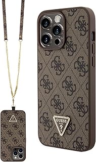 GUESS PU Leather Metal Logo Strass Crossbody Strap Phone Case for iPhone 15 Pro Max (Brown)