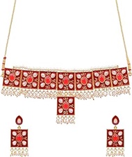 Gold-Plated Rajasthani Choker Set in Red Color Meena and Kundan Work Jewellery Set