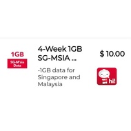 Singtel Prepaid $10 4-Week 1 GB SG-MSIA DataPass / Top Up