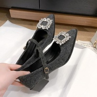 French Mary Jane Women's Shoes 0 Autumn Square Root Rhinestone Low-Heel Rhinestone Beautiful Evening