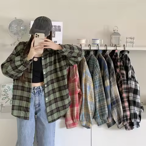 Women Tartan Shirt Long Sleeve Collared Button Up Oversized Plaid Shirt Jacket Grunge Fashion Teenag