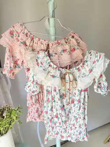 Japan Liz Lisa Cotton Floral Printed Suede Ribbon Boat Neck Lace Elastic Waist Short Sleeve Blouse S