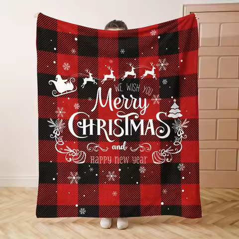 Contemporary Christmas Holiday Plaid Throw Blanket, Reindeer & Tree Design, Soft Lightweight Flannel