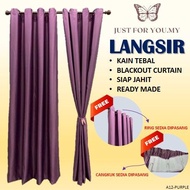 Langsir Kain Tebal Siap Jahit Blackout Ready Made Curtain ( Free Cangkuk / Ring ) Warna A12-PURPLE