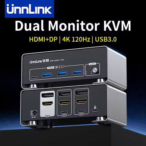 Unnlink 4K 120Hz HDMI + DP Dual Monitor KVM Switch 2 Monitor 2 Computer 8K 60Hz with USB 3.0 for Win