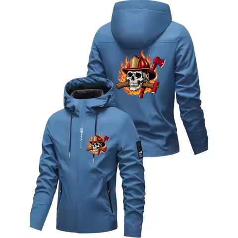 Men's jacket，Zipper pocket design，Trendy Flame Firefighter Element Print，Versatile tops and jackets 