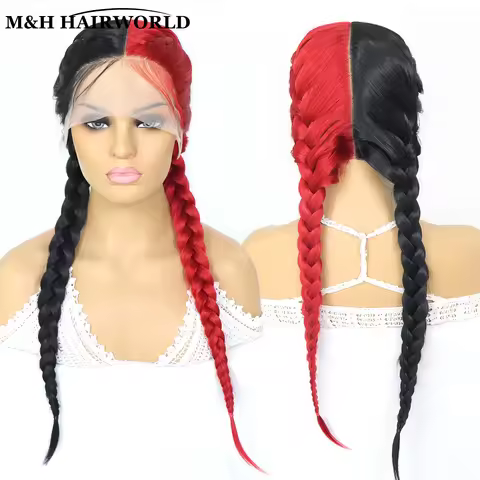Half Red Half Black Colored Lace Front Braided Wigs For Women 26 Inch Long Synthetic Double Dutch Bo