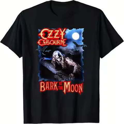 Ozzy Osbourne 40th Anniversary Bark at the Moon Tour T-Shirt Black Graphic Tee with Red Blue Cartoon