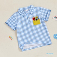 Back to School Shirts for Toddler Little Boys Plaid Crayon Embroidered Short Sleeve Half Button-up C