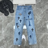 2025 new Chrome Hearts Cross Patch Leather Washed Jeans