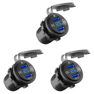 3X 12V USB Outlet, Quick Charge 3.0 Dual USB Car Charger with Contact Switch and Voltmeter for 12V/24V Motorcycle Car