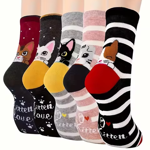 5 Pairs Cat Fashion Socks Cartoon Three-dimensional Ear Mid-Stocks Women’s Fun Mid-Stocks Daily Wear