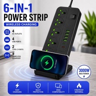 3000W Wireless Charging Power Strip Phone Stand Extension Socket 4 AC Outlet 4 USB 2 Type-C Fast Cha