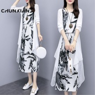 JS Women's Clothing Medium - long print dress art cotton linen two - piece match Plus Size Dress Lab