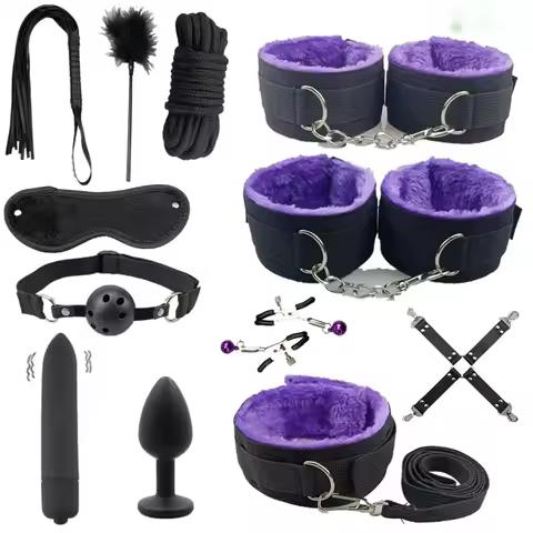 Adult BDSM Bondage Set Exotic Nylon Handcuffs Whip Gag Nipple Clamps - SM Toys for Women's Sexual Ga