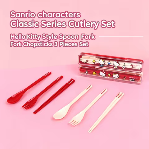 Kawaii Hello Kitty Portable Travel Cutlery Set Cartoon Figurine Handle Stainless Steel Spoon Fork Ch
